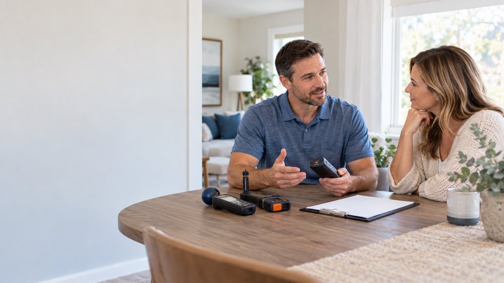 A technician and a homeowner discussing inspection scope at a dining table, with a handheld EMF meter and clipboard beside them