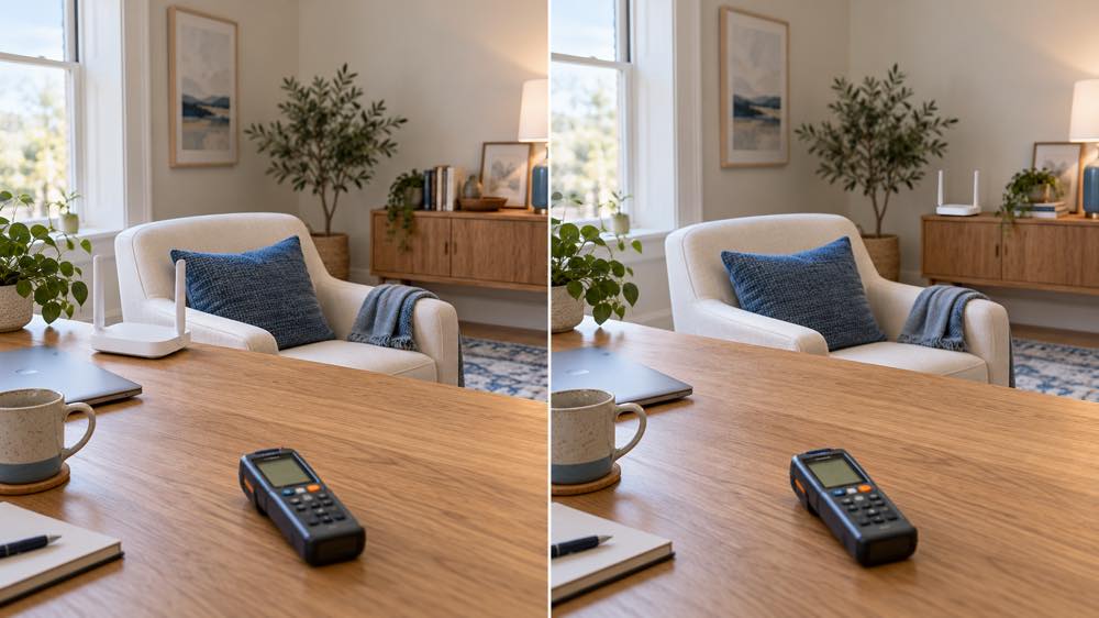 A two-panel view of the same home office corner: on the left, a Wi-Fi router sits on the desk beside an armchair; on the right, the same desk with the router moved to a console across the room, and a handheld EMF meter resting on the desk
