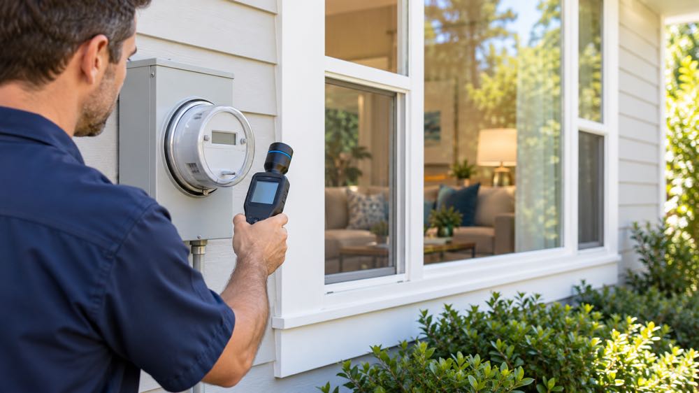 Measuring the smart meter from the outside, enclosure sealed A technician measuring a closed wall-mounted smart meter with a handheld RF meter on the exterior of a home