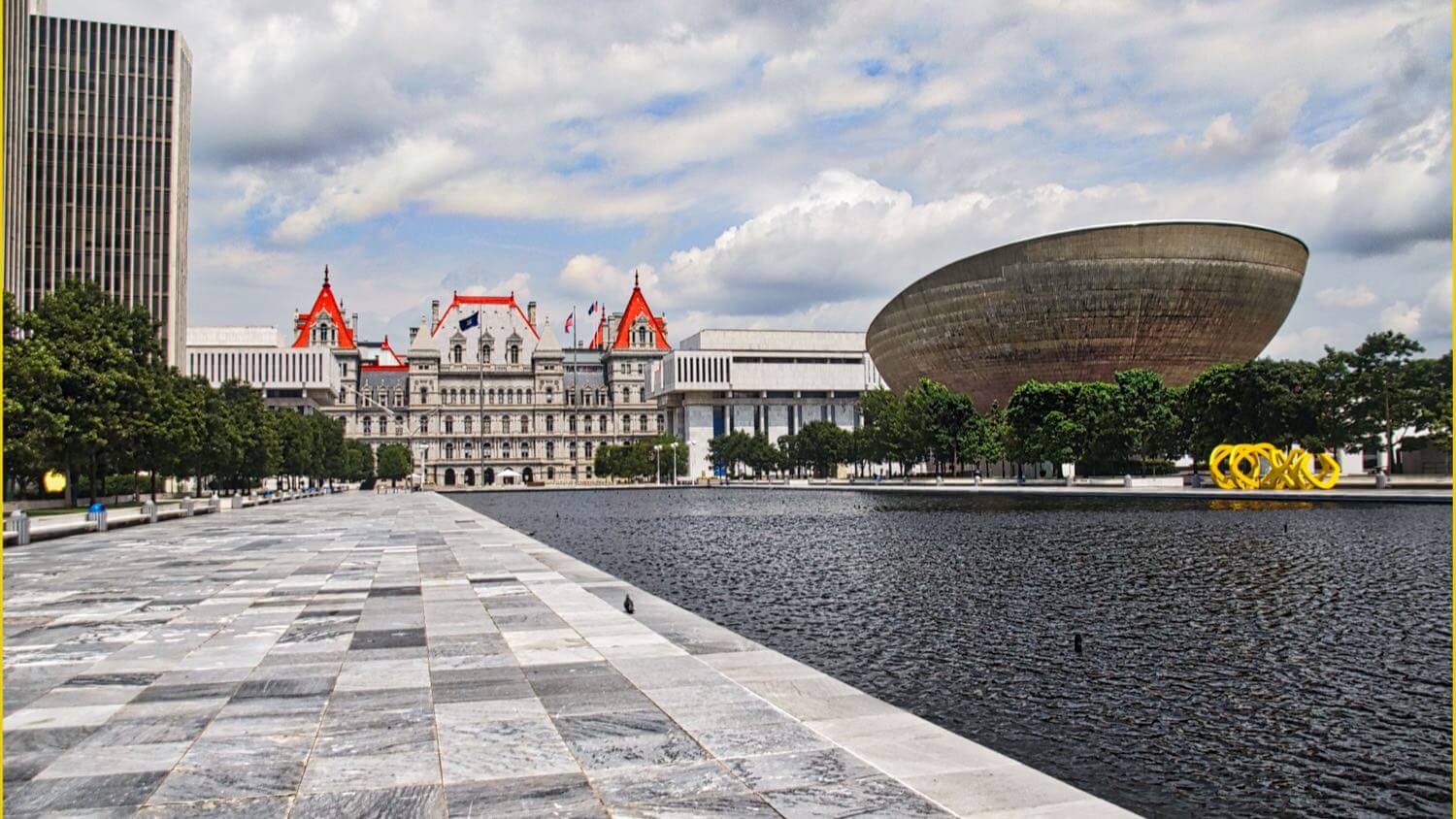 The Empire State Plaza in Albany, New York &mdash; the State Capitol, The Egg and the reflecting pool &mdash; EMF radiation testing and shielding help for Albany homes
