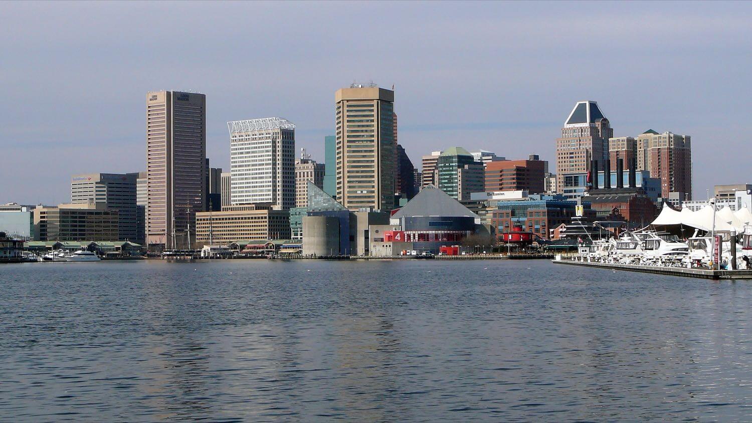 Baltimore Inner Harbor skyline across the water in Maryland &mdash; EMF radiation testing and shielding help for Baltimore homes