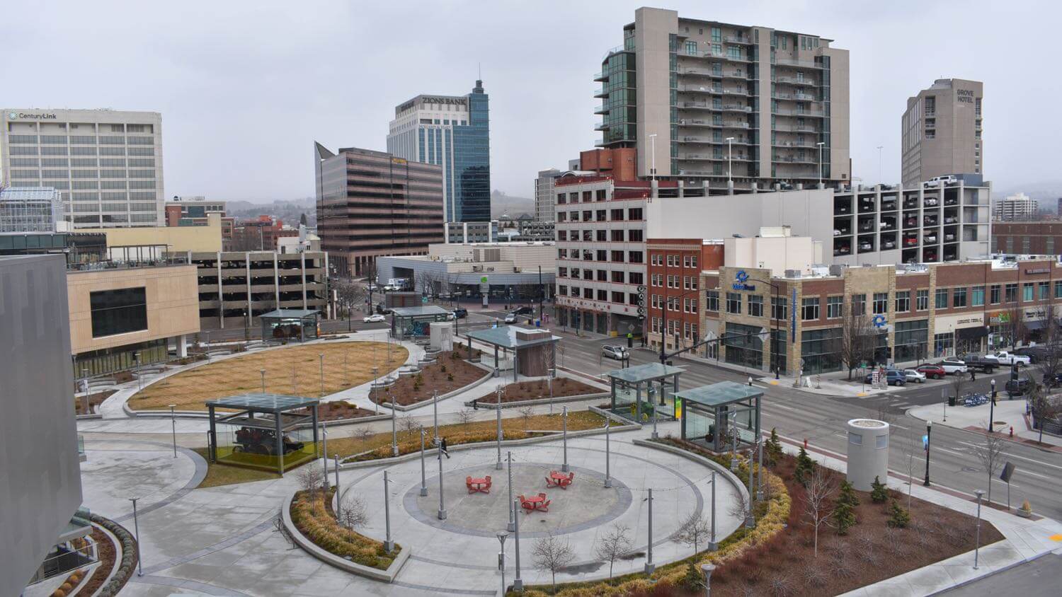 Downtown Boise, Idaho with a public plaza in the foreground — EMF radiation testing and shielding help for Boise homes