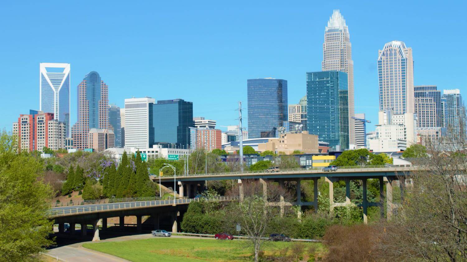 Uptown Charlotte, North Carolina skyline by day — EMF radiation testing and shielding help for Charlotte homes