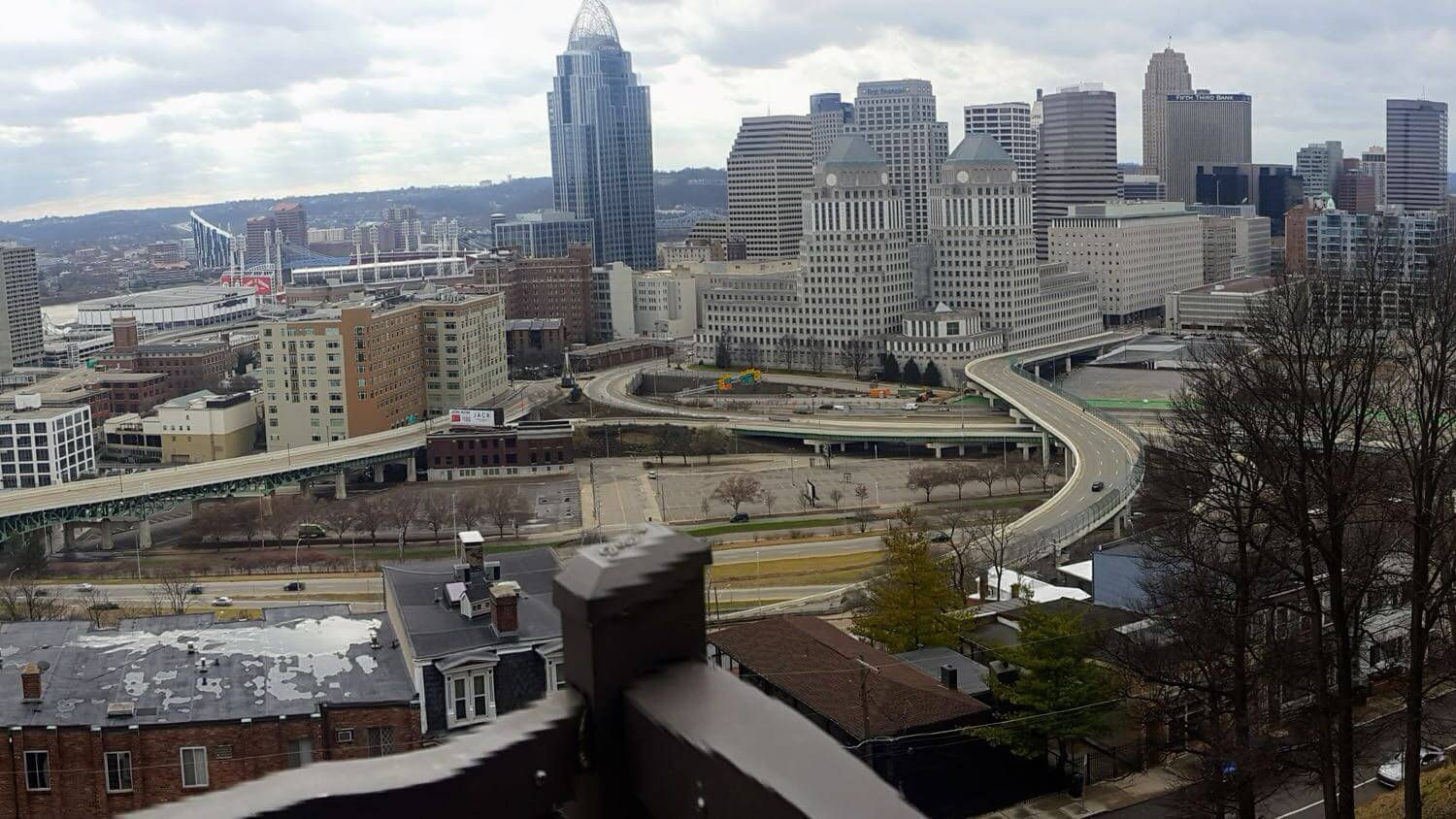 Downtown Cincinnati, Ohio skyline with the Great American Tower's crown &mdash; EMF radiation testing and shielding help for Cincinnati homes