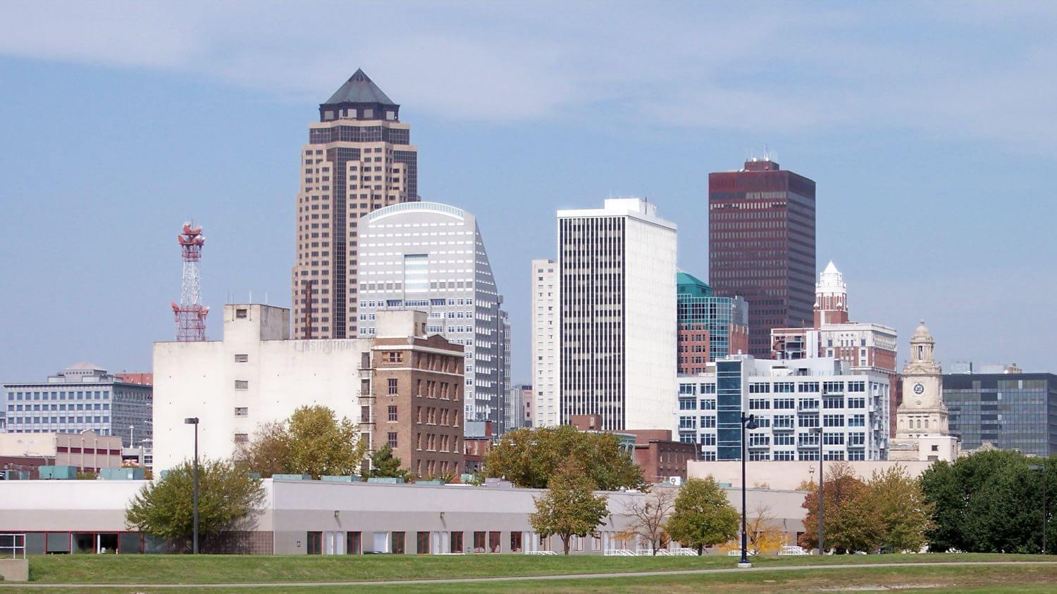 Downtown Des Moines, Iowa skyline by day &mdash; EMF radiation testing and shielding help for Des Moines homes