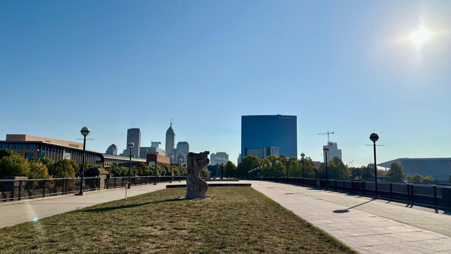 Downtown Indianapolis, Indiana skyline with the JW Marriott seen from the White River — EMF radiation testing and shielding help for Indianapolis homes