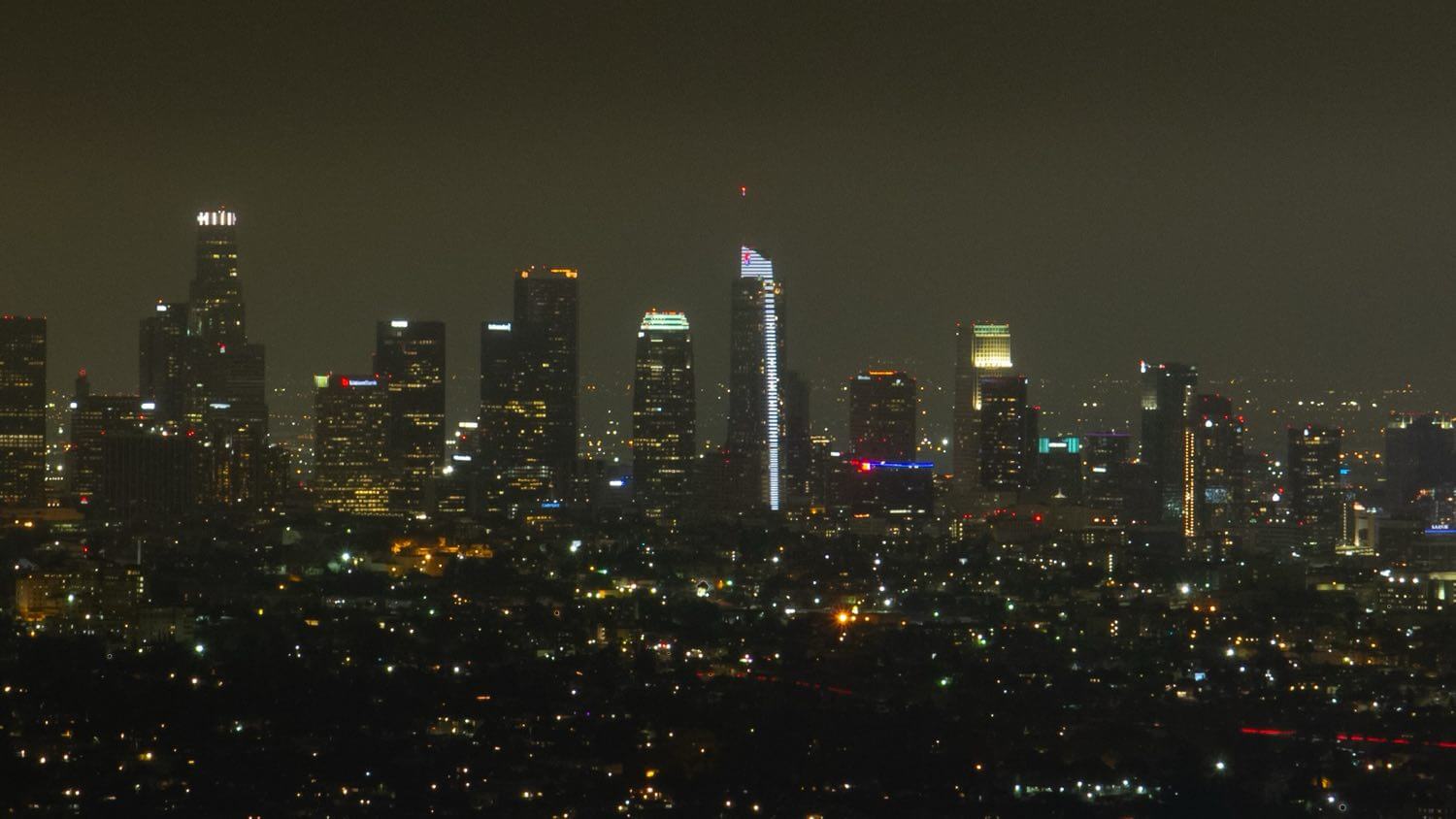 Downtown Los Angeles skyline at night &mdash; EMF radiation testing and shielding help for Los Angeles homes
