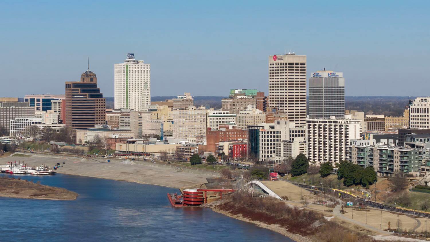Downtown Memphis, Tennessee skyline along the Mississippi River — EMF radiation testing and shielding help for Memphis homes