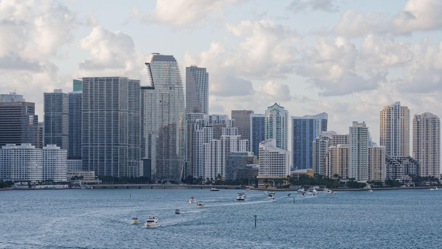 Miami, Florida waterfront skyline with Brickell high-rise condo towers &mdash; EMF radiation testing and shielding help for Miami homes