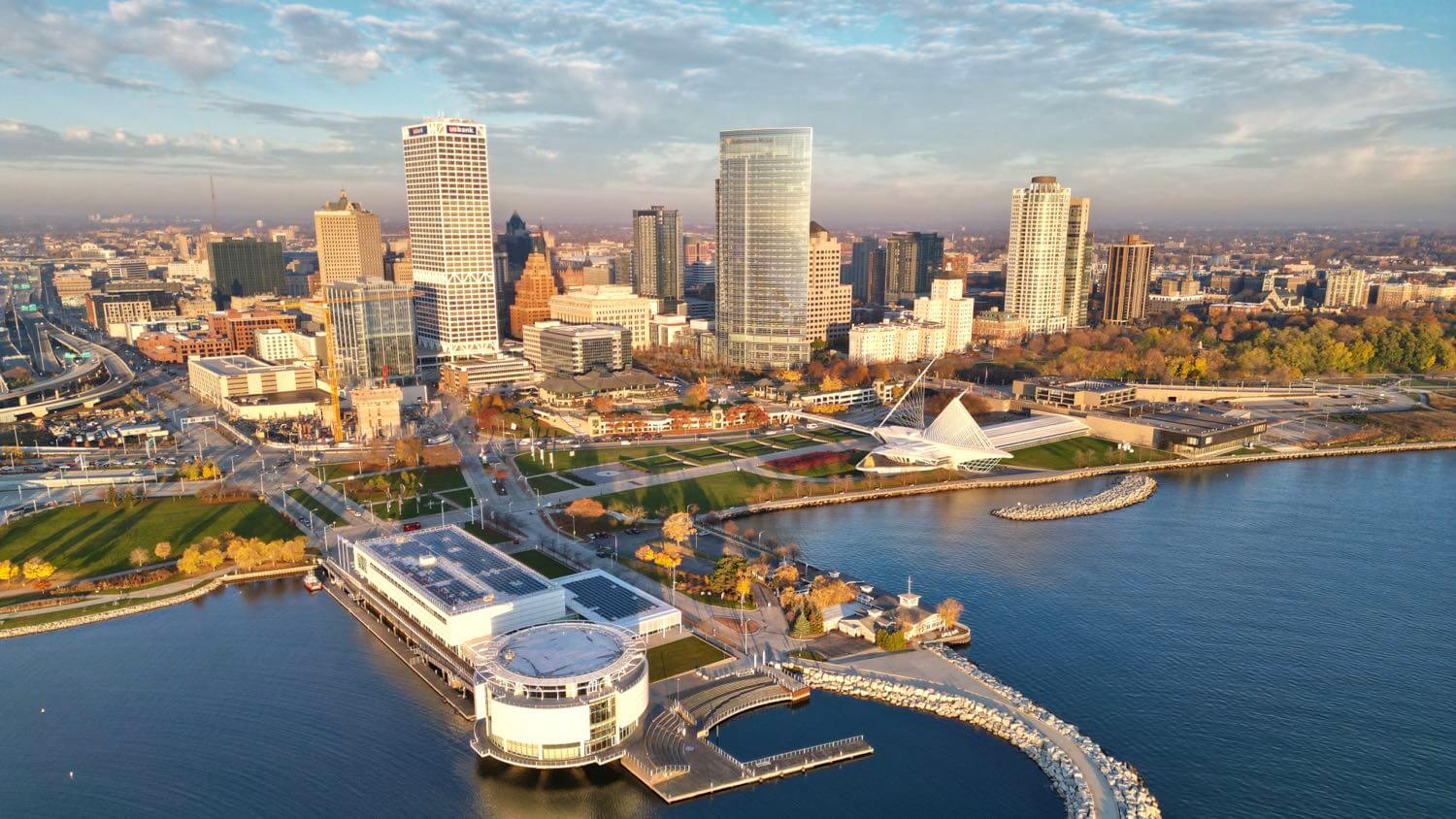 Downtown Milwaukee, Wisconsin with the white Calatrava Art Museum on the Lake Michigan lakefront — EMF radiation testing and shielding help for Milwaukee homes