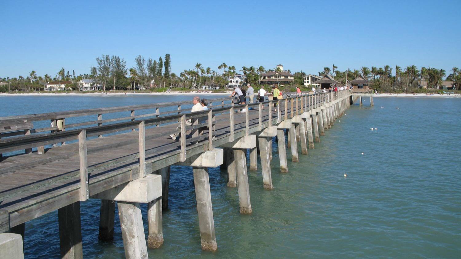 The historic Naples Pier reaching into the Gulf of Mexico, with a palm-lined coast and waterfront estates — EMF radiation testing and shielding help for Naples homes