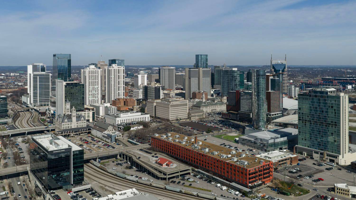 Downtown Nashville, Tennessee skyline along the Cumberland River — EMF radiation testing and shielding help for Nashville homes