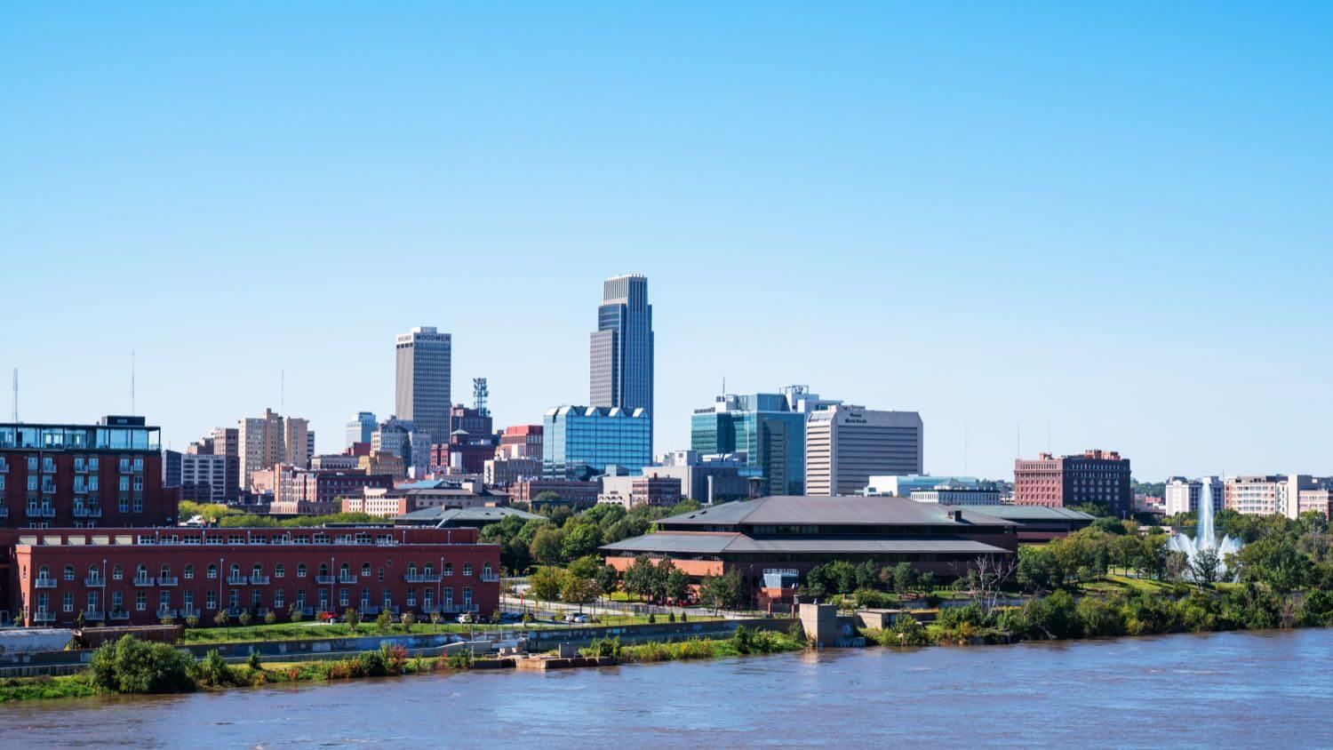 Downtown Omaha, Nebraska skyline along the Missouri River — EMF radiation testing and shielding help for Omaha homes