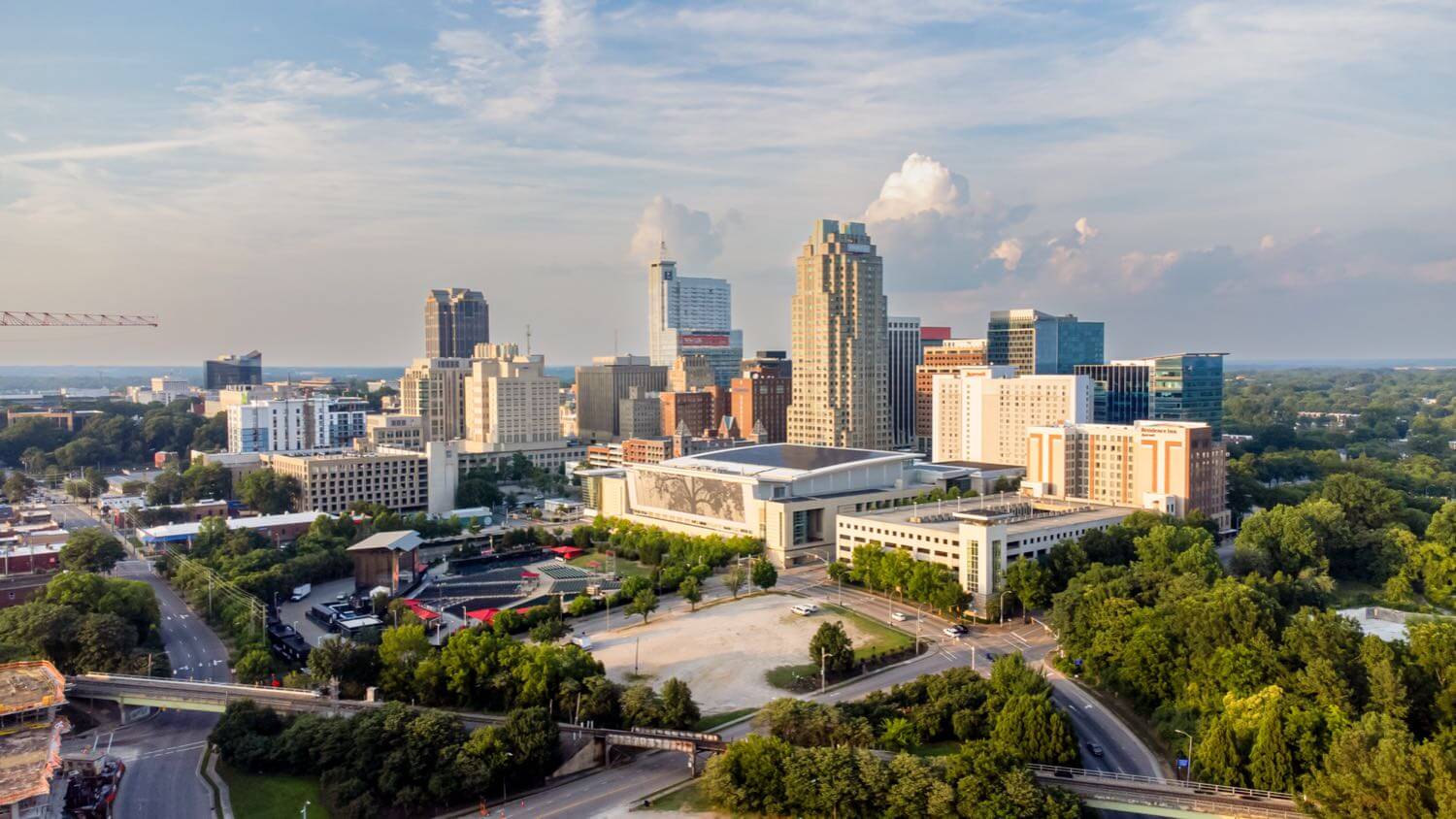 Downtown Raleigh, North Carolina skyline above the tree canopy — EMF radiation testing and shielding help for Raleigh homes