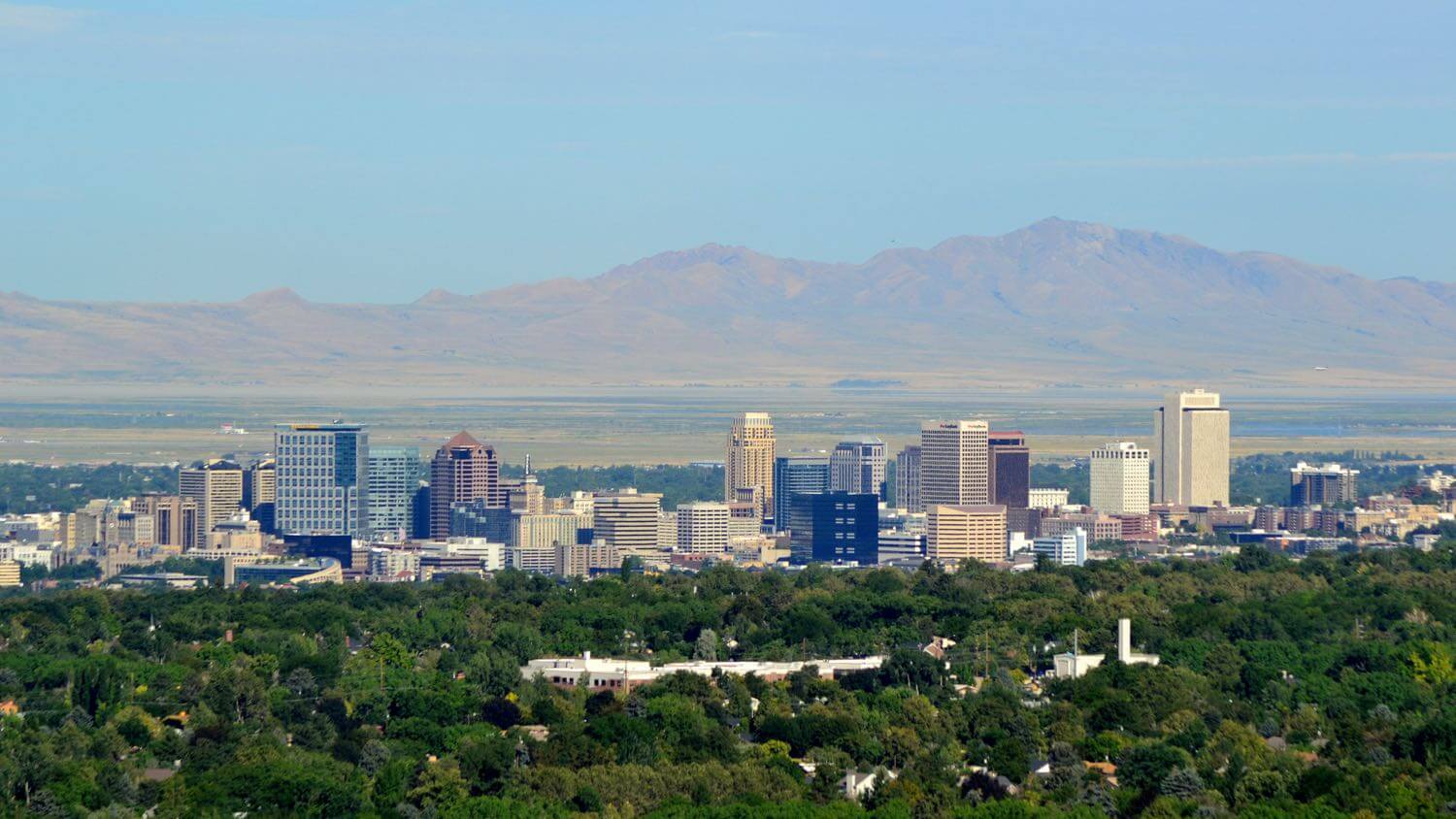 Salt Lake City, Utah skyline with the Wasatch mountains of the valley behind &mdash; EMF radiation testing and shielding help for Salt Lake City homes