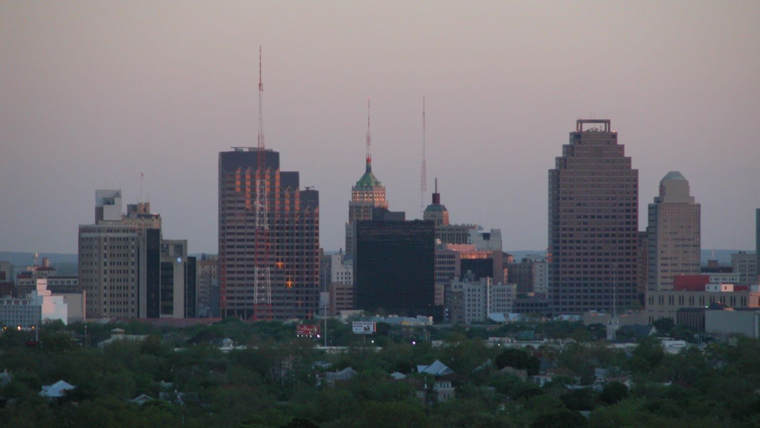 The downtown San Antonio, Texas skyline at dusk &mdash; EMF radiation testing and shielding help for San Antonio homes