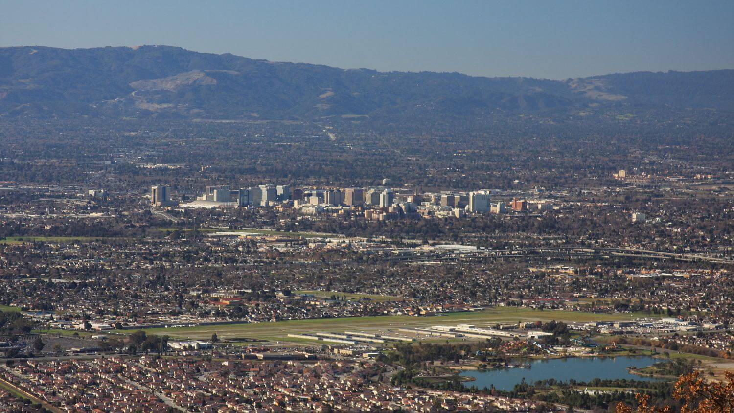 Aerial view of San Jose and Silicon Valley with the downtown cluster and surrounding hills &mdash; EMF radiation testing and shielding help for San Jose homes