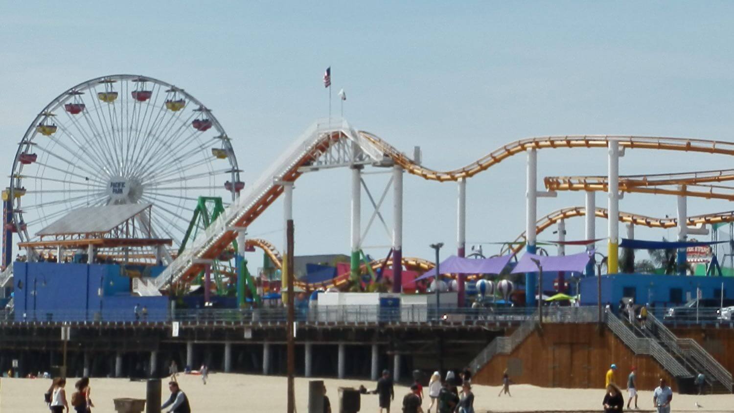 Santa Monica Pier with the Pacific Park Ferris wheel and roller coaster over the beach — EMF radiation testing and shielding help for Santa Monica homes