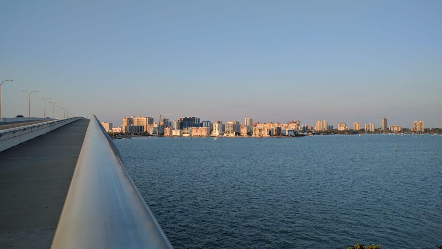 Downtown Sarasota, Florida bayfront skyline across the water from the Ringling Causeway &mdash; EMF radiation testing and shielding help for Sarasota homes