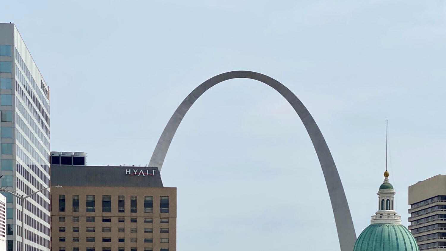 The Gateway Arch and downtown St. Louis, Missouri skyline with the green-domed Old Courthouse — EMF radiation testing and shielding help for St. Louis homes